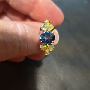 Ethiopian Opals & Blue Topaz Gemstone 925 Sterling Silver Ring Size 10